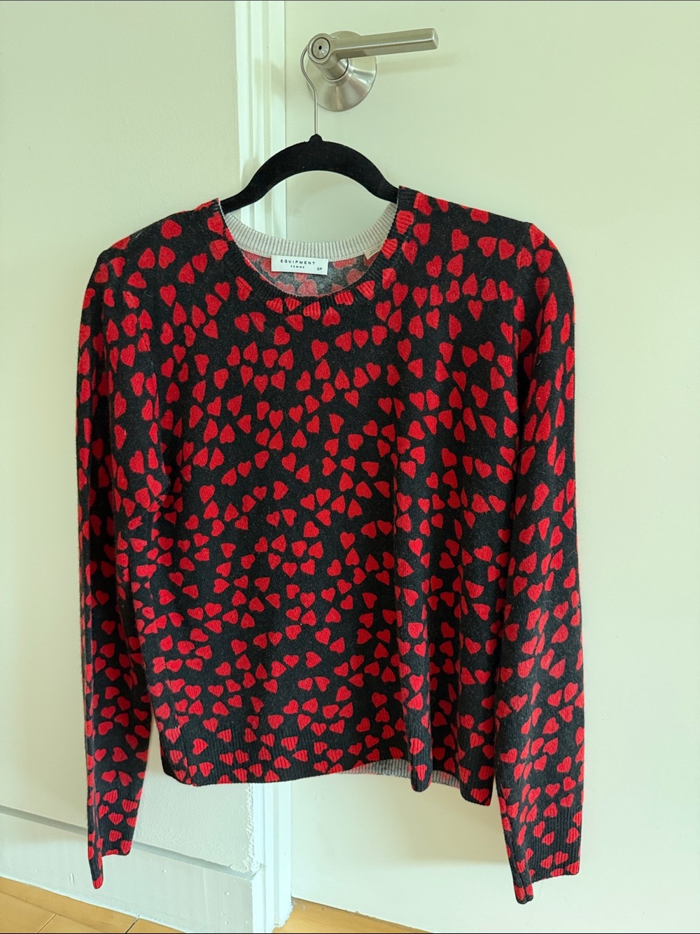 Equipment Black Sweater with Red Heart Print